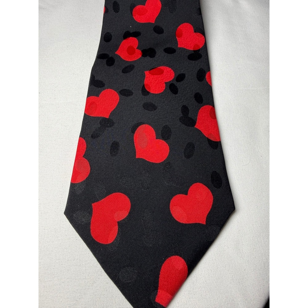 Addiction 1991 Black Red Heart‎ Pattern Silk Necktie